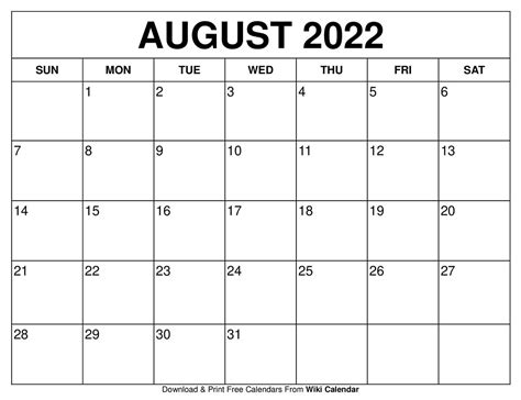Monthly Calendar Template August 2022
